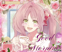 a picture of a girl holding a cup of coffee with the words good morning