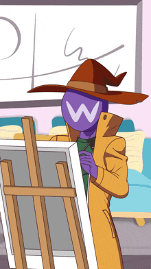 a cartoon character with a w on his face is standing in front of an easel