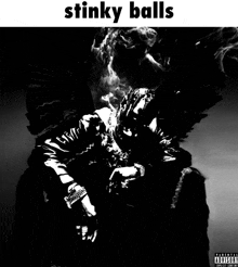 a black and white photo of a man with the words stinky balls on the bottom