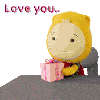a cartoon character sitting at a table holding a pink gift box with the words love you behind him