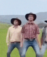 a group of men wearing cowboy hats are standing in a field
