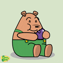 a pants bear cartoon character is holding a purple ball