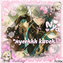 a picture of a boy with a bow in his hair and the words myeehhh kaveh