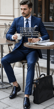 a man in a suit is sitting at a table with a cup of coffee and a briefcase