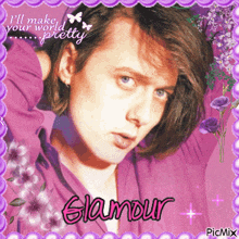 a picture of a man in a purple shirt is surrounded by flowers and says glamour