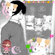 a picture of a man standing in front of a display of stuffed animals with a speech bubble saying mari
