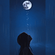 a drawing of a woman looking up at a full moon
