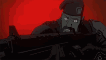 a cartoon of a man holding a gun in front of a red backdrop
