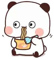 a cartoon panda bear is eating noodles with a fork from a bowl .