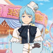 a boy with blue hair and a white hat stands in front of a carousel