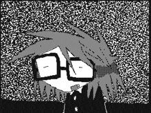 a black and white drawing of a person with glasses on