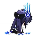 a sticker of a girl with purple hair and a bow on her head is kneeling down .