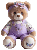 a teddy bear wearing purple overalls and a headband with butterflies on its feet