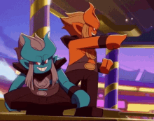 a couple of cartoon characters are standing next to each other and smiling .