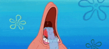 patrick star from spongebob squarepants is crying with his mouth open and his tongue sticking out .