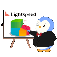 a penguin is pointing at a pie chart on a white board that says lightspeed