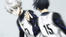 two basketball players are standing next to each other in a blurry photo .