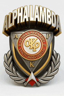 a badge that says alpha lambda on the top of it