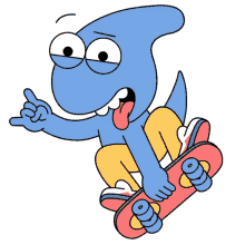 skater dinos big eyes blue skateboard tongue out