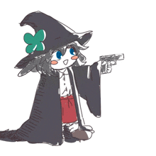 a drawing of a witch holding a gun with a green flower on her hat
