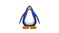 a blue and white penguin with orange feet is dancing