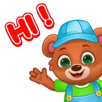a cartoon teddy bear wearing overalls and a blue hat is waving