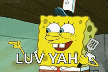 spongebob squarepants is holding a spatula and pointing at the camera .