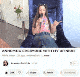 a woman is sitting in a chair with a microphone in her mouth and annoying everyone with her opinion
