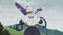 a cartoon character is holding two swords crossed over her shoulder