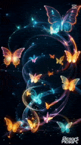 a bunch of colorful butterflies on a dark background with picsart in the corner