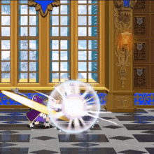 a cartoon character is holding a sword in a room