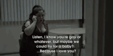 a woman sitting at a table talking on a cell phone with a caption that says listen