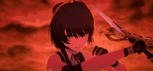 a girl with black hair is holding a sword in her hand