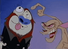 two cartoon characters are standing next to each other and one is wearing a suit
