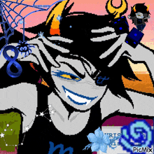 a pixel art of a woman with a spider on her head and the word picmix on the bottom