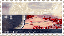 a postage stamp with a painting of a sunset over a body of water .