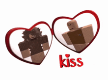 a couple of hearts with the word kiss in red