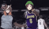 a basketball player wearing a lakers jersey is being chased by a girl wearing a green hat .