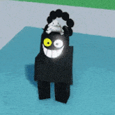 a black block with a yellow eye and a white rabbit on its head .