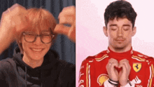 a man making a heart shape with his hands next to another man making a heart shape with his hands .