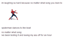 a picture of a spiderman dancing to a song
