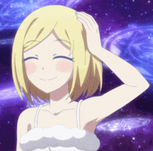 a girl with blonde hair is smiling and holding her hair