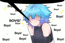 a girl with blue hair and yellow eyes is surrounded by boys