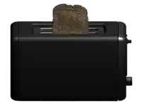 a black toaster has a slice of bread sticking out of it