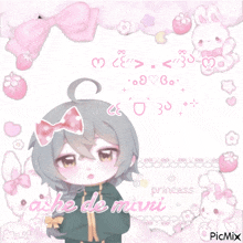 a picture of a girl with a pink bow and the words ash de mani