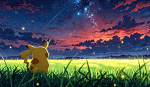 a pikachu sitting in a field looking at the stars