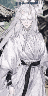 a woman with long white hair and horns is wearing a white robe