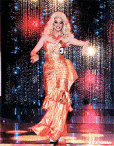 a woman in a gold dress with a number 8 on her chest is dancing