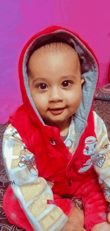 a baby wearing a red hoodie with the letter h on the sleeve
