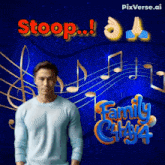 a man is standing in front of a blue background with music notes and the words stoop family city 4